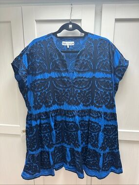 Zara Royal Blue & Black Embroidered Tiered Dress XXL